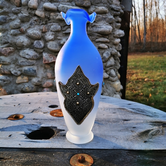 Vintage Blue Ombre Frosted Satin Art Glass Vase with Applied Metal Accents - Picture 6 of 17
